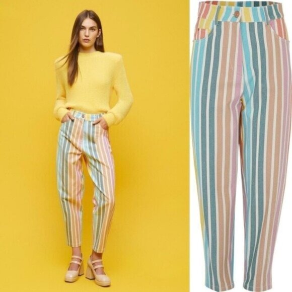 NWT Nocturne Printed Stripe Mom Denim Pants 34 Rainbow Jeans High Waisted - Picture 1 of 12